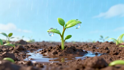 Fototapeta premium Seedling growing in soil with raindrops