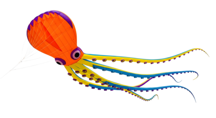 Bright colorful octopus kite flying design for summer activities and fun isolated PNG with Transparent Background