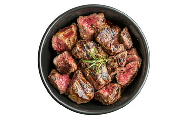 Delicious grilled beef steak bites in a bowl, perfect for appetizers and main courses, food photography isolated on transparent background