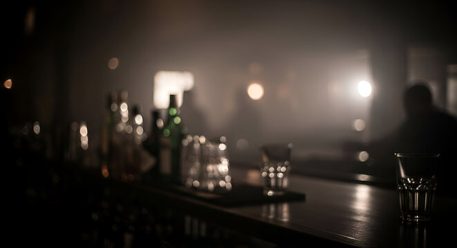 Moody bar atmosphere with glasses and bottles in soft focus, perfect for nightlife themes and design elements with an artistic, mysterious feel