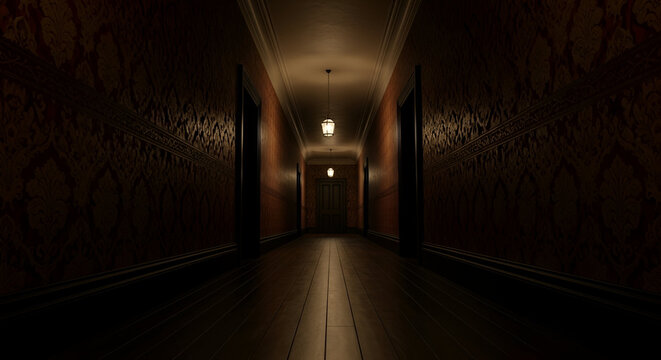 Explore a dramatic, antique hallway with vintage wallpaper and dimly lit lanterns, perfect for adding a touch of mystery and timeless elegance to your project