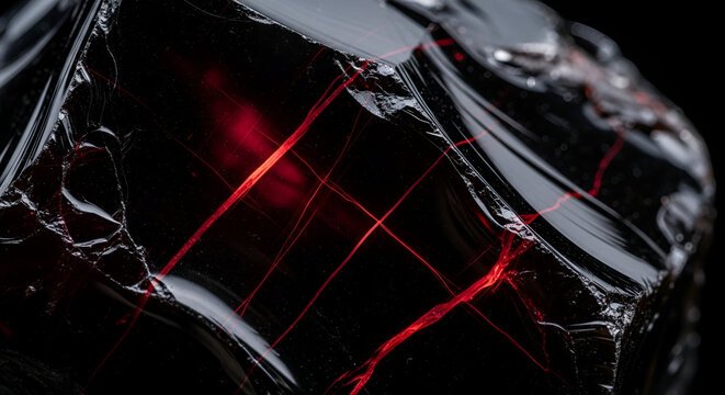 Stunning obsidian gemstone with striking red internal fractures offers a unique texture for modern designs and artistic concepts, perfect for creative projects