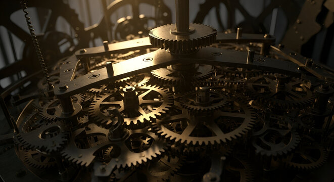 Intricate clockwork gears bathed in warm light evoke precision engineering and time's relentless passage, perfect for themes of innovation and complexity