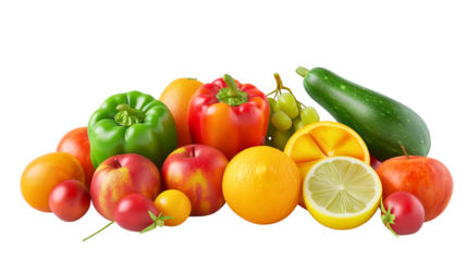 Fresh colorful fruits and vegetables on white background.Healthy organic produce for diet and nutrition concept.Isolated on transparent background, PNG.