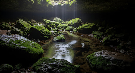 Discover the enchanting beauty of a hidden grotto with mossy rocks and clear water cascading down, perfect for nature lovers and travel enthusiasts
