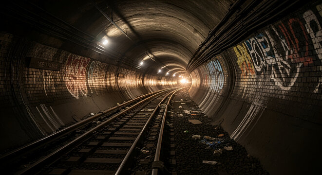 Explore the depths of a mysterious urban subway tunnel with graffiti art and dimly lit tracks leading into the unknown, a cinematic industrial scene