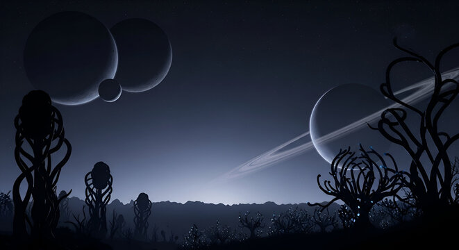 Explore a breathtaking alien landscape with massive planets and strange flora in a stunning cosmic vista perfect for science fiction book covers and fantasy art