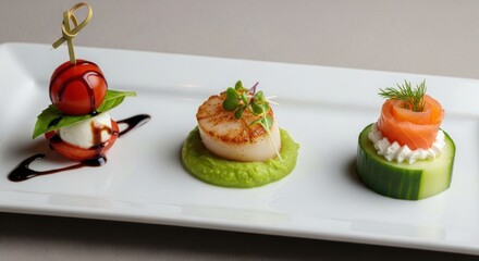 Delicious culinary creations presented on a white rectangular plate, featuring a caprese skewer with balsamic glaze, a seared scallop on pea puree, and a salmon rose with cream cheese on cucumber.