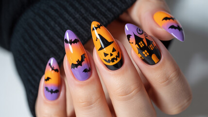 Naklejka premium Halloween Nails Pumpkin Bat Painted Manicure Art Beauty Decoration Holiday Design