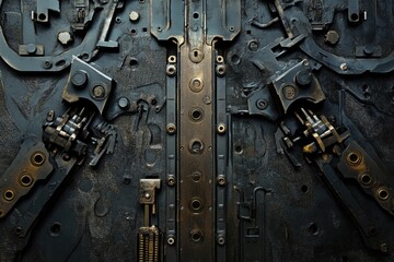 Mechanical door with intricate mechanisms and a dark textured surface in a futuristic setting