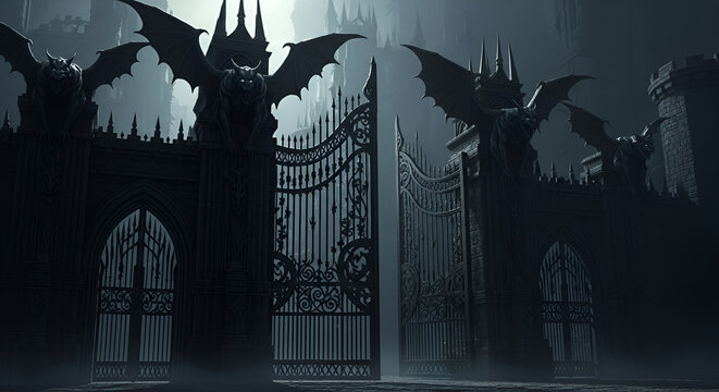Enter a mysterious ancient gothic castle through imposing gates guarded by fearsome gargoyles in an eerie, misty, dark atmosphere.