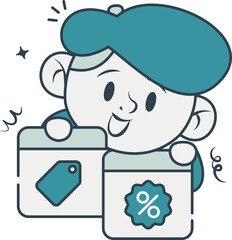 Cartoon character holding promotional boxes, illustrating sales and discounts