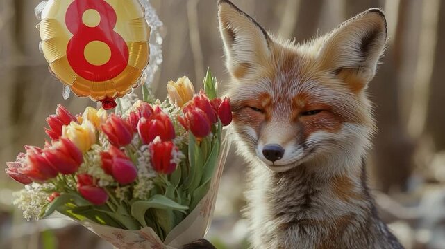 A curious fox holding a bouquet of tulips and a colorful balloon
