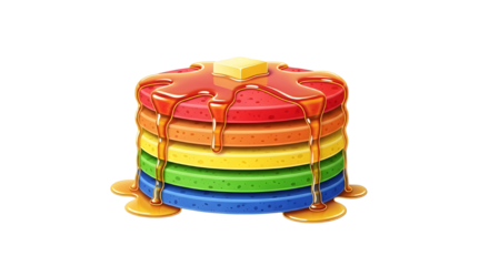 Vibrant five layer rainbow pancakes illustration with syrup and butter for breakfast menu. isolated PNG with Transparent Background