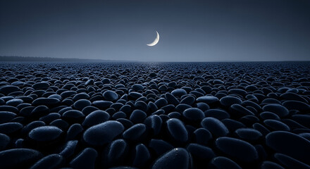 Obraz premium Stunning crescent moon illuminates a vast field of wet dark pebbles on a serene night, creating a tranquil and mysterious natural landscape.