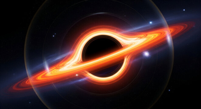 Witness the awe-inspiring spectacle of a supermassive black hole with its vibrant, fiery accretion disk swirling through the mysterious deep space