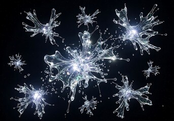 Abstract crystalline water forms floating in a vast black space with internal illumination creating a stunning and