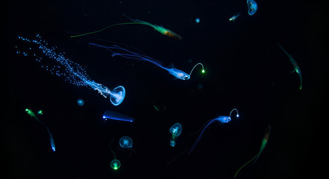 Stunning bioluminescent deep-sea creatures brilliantly illuminate the mysterious dark ocean, revealing vibrant marine life and captivating underwater beauty.