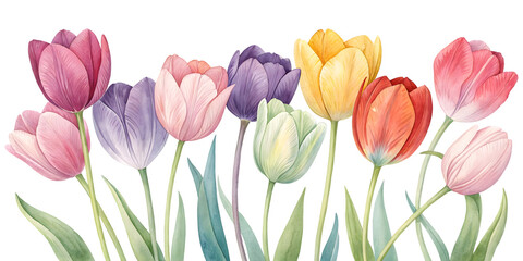 Watercolor tulips isolated on transparent background illustration