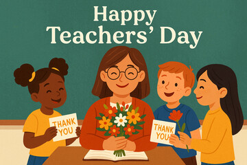 World Teachers' Day Celebration,Happy World Teachers' Day Students Thanking Teacher with Flowers, Happy World Teachers' Day Celebration with Students and Flowers