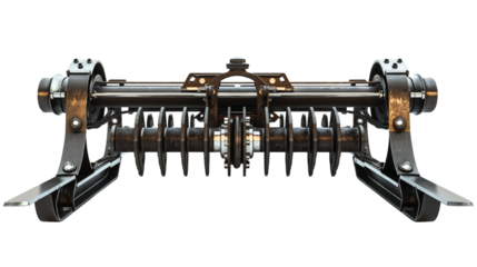 Steel agricultural tiller blade. Heavy-duty soil cultivation machinery for farming.  Isolated on transparent background, png