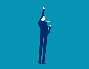 Greeting. Businessman standing with arm up gesture