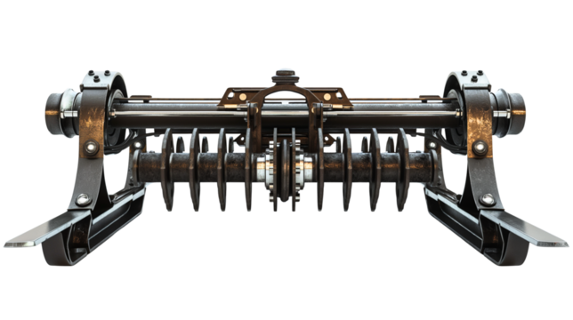Steel agricultural tiller blade. Heavy-duty soil cultivation machinery for farming.  Isolated on transparent background, png