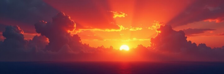 Fototapeta premium Fiery sunset ablaze, clouds ignite the sky in vibrant colors, light, colorful, dramatic