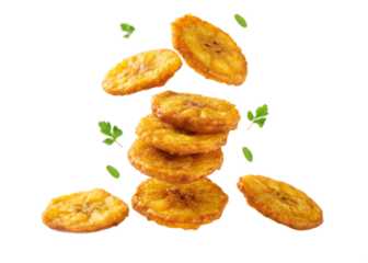 Colombia Patacones fried green plantains slices stacked in mid-air, isolated on white transparent background, tropical fast food concept