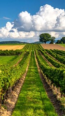 Vineyard landscape under a partly cloudy sky