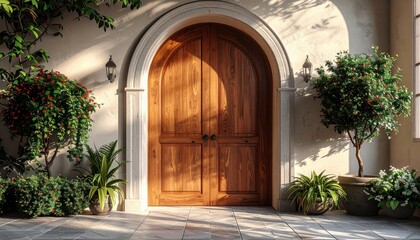 Beautiful sunlit wooden double doors with an arched frame, surrounded by lush greenery, potted plants, and a tiled patio floor in a welcoming outdoor setting with an inviting atmosphere.