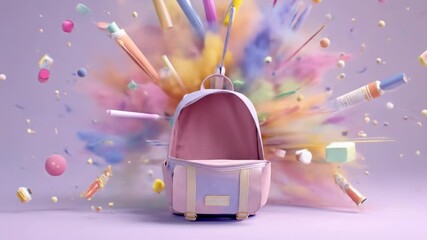 A pastel backpack explodes with colorful art supplies, chalk, and confetti against a lavender backdrop - Powered by Adobe