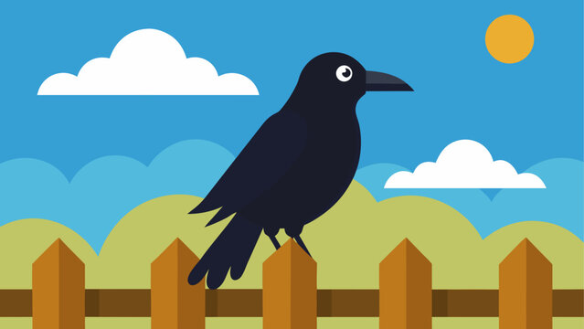 Cartoon crow perched on a wooden fence art