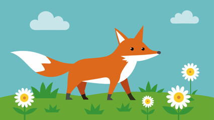 Obraz premium Cartoon fox walking in a field of flowers