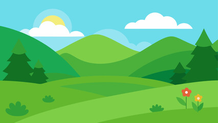 Fototapeta premium Cartoon landscape with green hills and trees