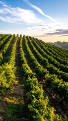 Naklejka premium Vineyard rows ascend a hillside under a partly cloudy sky