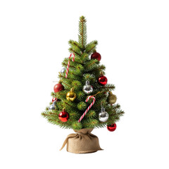 Small decorated christmas tree with ornaments isolated on transparent background