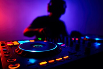 Obraz premium Neon DJ Performance. A vibrant DJ controller glows as a blurred DJ mixes electronic music in a club setting, surrounded by colorful neon lights.