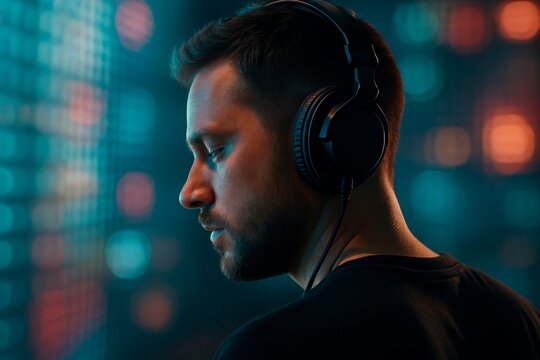 DJ Focus in Neon Light. A focused DJ wearing headphones against a blurred backdrop of vibrant club lights, immersed in mixing music and creating an electric atmosphere.