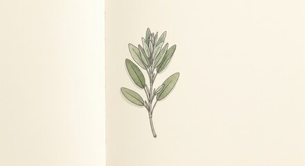 Detailed illustration captures a botanical depiction of a leafy sprig, showcasing vibrant green foliage gracefully arranged on a slender stem against a backdrop of creamy neutral paper, the...