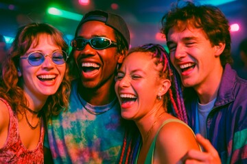 90s Rave Friends Laughing Under Neon Glow. Four joyful friends laugh and dance at a vibrant 90s rave. Wearing bold colors, sunglasses, and vintage gear under glowing neon lights.