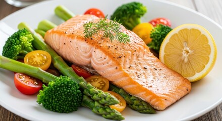 A beautifully presented plate showcases a delicious salmon fillet, meticulously cooked and seasoned.