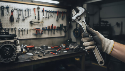 A worker's hand, wearing a protective glove, holds an adjustable wrench in an auto repair shop. Numerous tools neatly hung on the wall and lying on a workbench are visible in the blurred background.