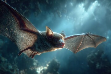 Majestic bat in flight, wings spread wide against a mystical twilight sky, showcasing intricate details and atmospheric lighting for captivating nature themes