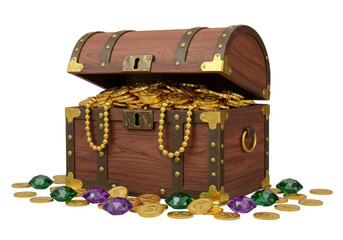 Open treasure chest overflowing with gold coins and jewelry isolated, pirate loot and wealth concept for adventure games and fantasy themes