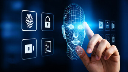 Finger touching digital face with security icons technology biometric