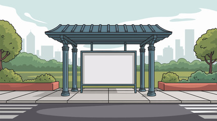 A cartoon illustration of a bus stop with a blank billboard in a park with city buildings behind