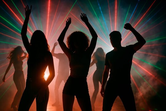 Silhouetted Ravers Dancing Under 90s Neon Laser Beams. Dancers move in silhouette against glowing red and green laser beams at a moody 90s rave.