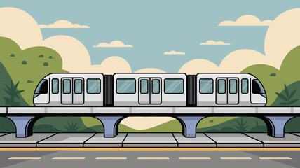 A cartoon illustration of a train on an elevated track with a scenic background design element