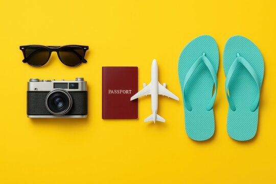 A flat lay of travel essentials including a passport, camera, sunglasses, flip-flops, and airplane models arranged on a vibrant yellow background, symbolizing vacation readiness and wanderlust.